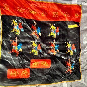 Vintage Equestrian Themed Orange And Black Chinese Silk Scarf EUC